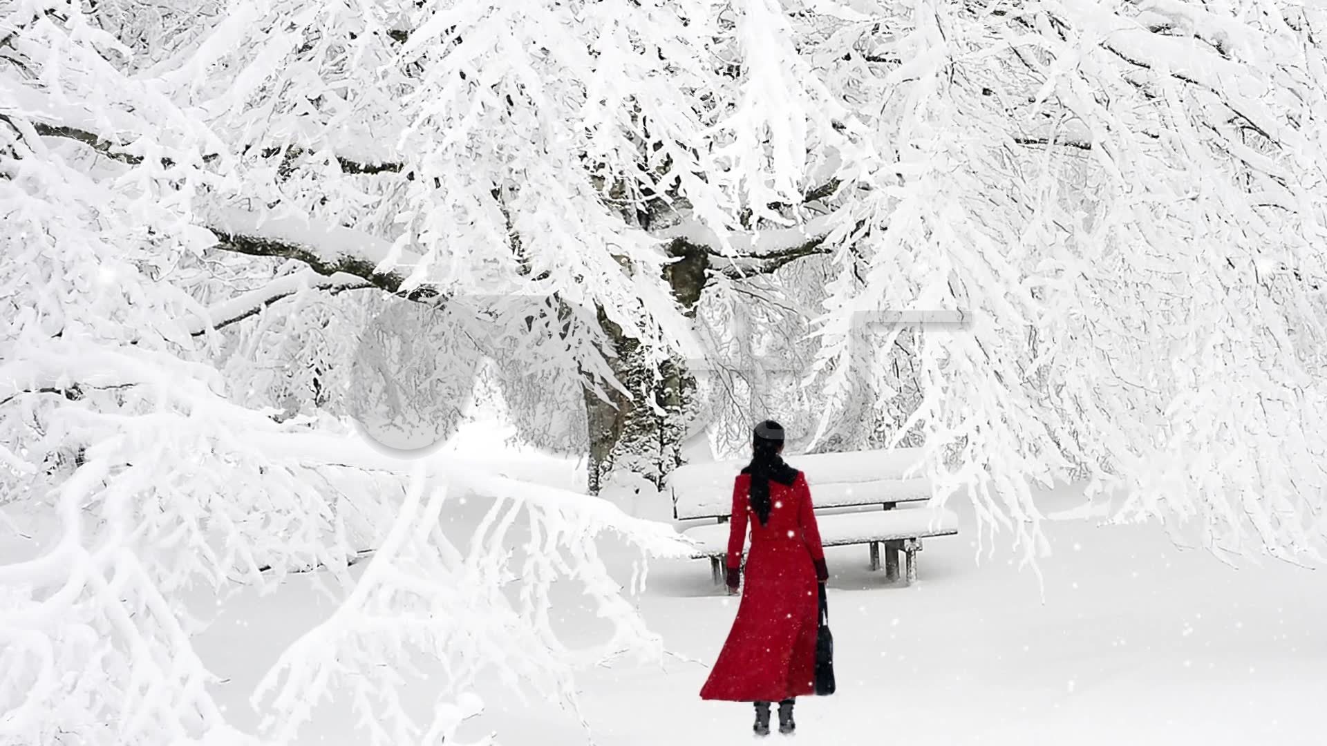 唯美大气冬日红衣美女背影视频素材_1920X1