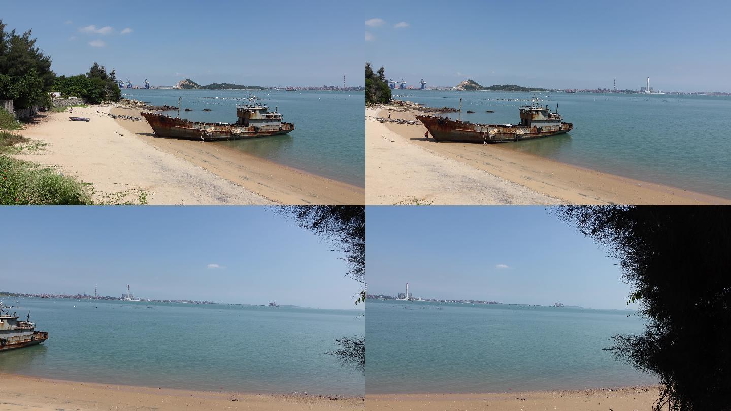 静谧的海滩废弃的货轮，海港轮船搁浅