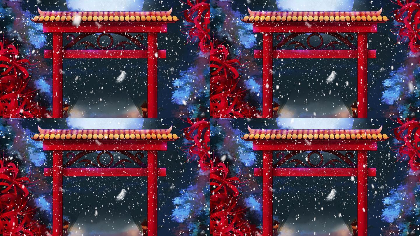 舞台剧情景剧春节牌楼下雪LED背景视频