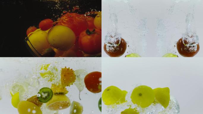 4k慢镜头水果和蔬菜缓慢地飞溅入水