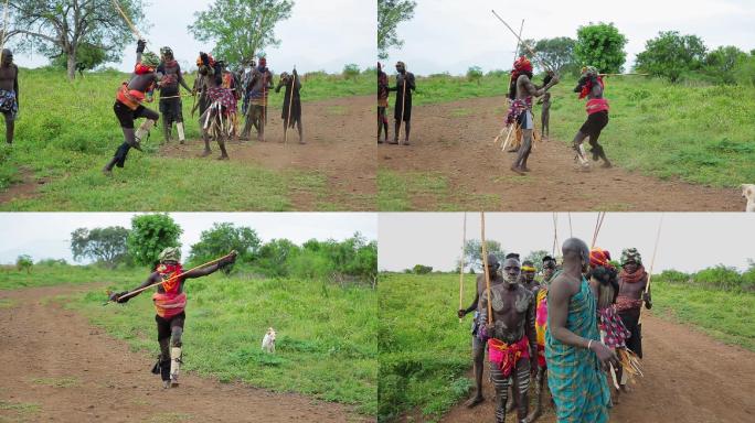 非洲埃塞俄比亚莫西盘唇族人打架