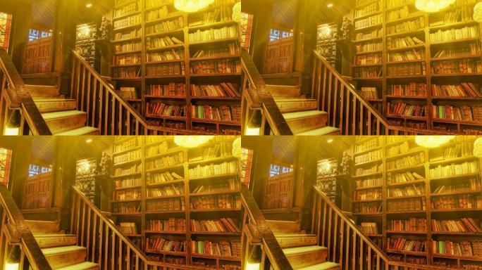 舞台剧昏黄灯光下的图书馆LED背景视频