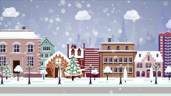 卡通浪漫童话圣诞节冰雪街道小镇