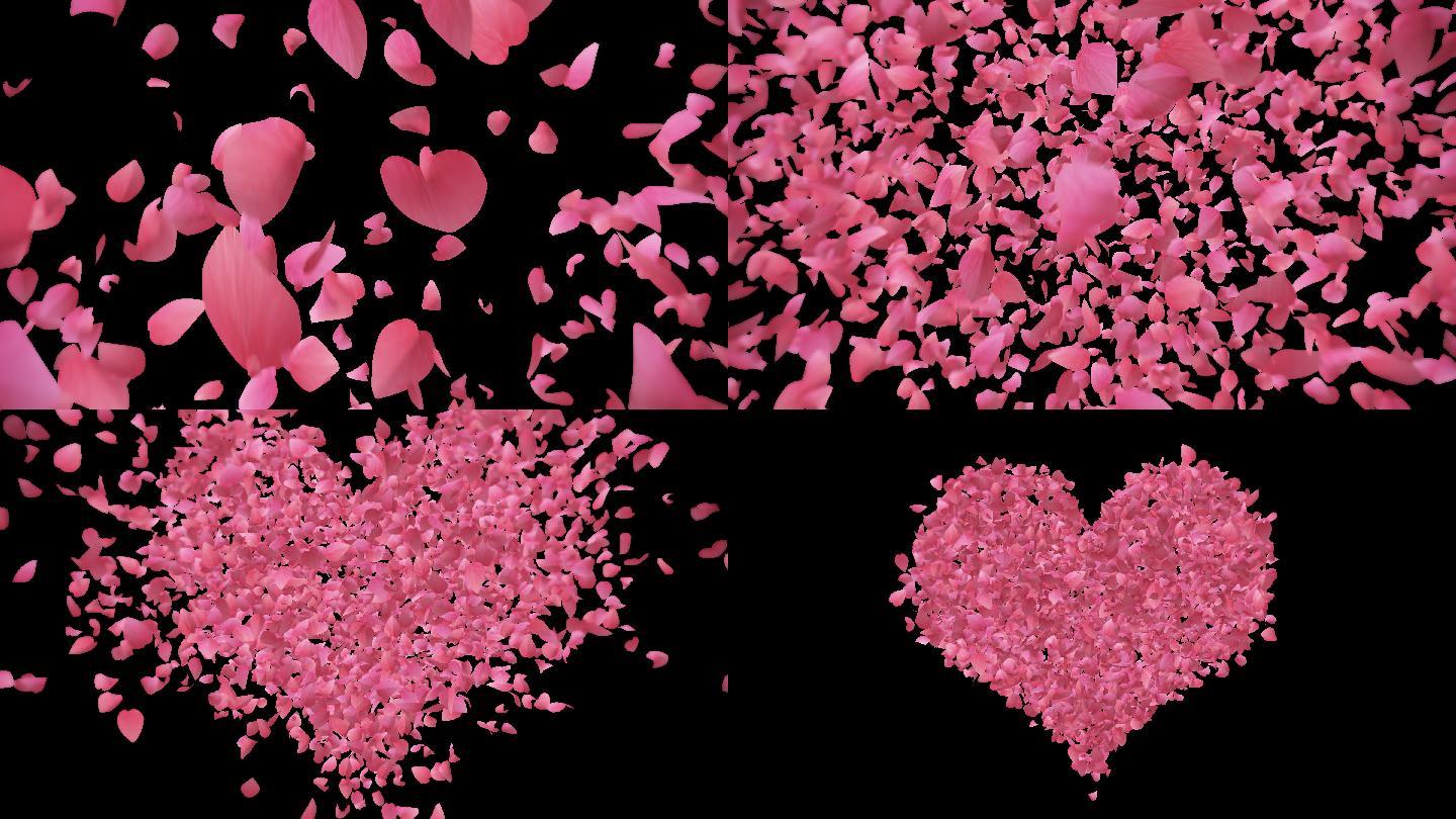 粉色浪漫花瓣汇聚爱心4K带通道