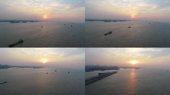 上海长江日落船只
