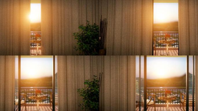 3D动画-室内客厅推出阳台窗帘打开