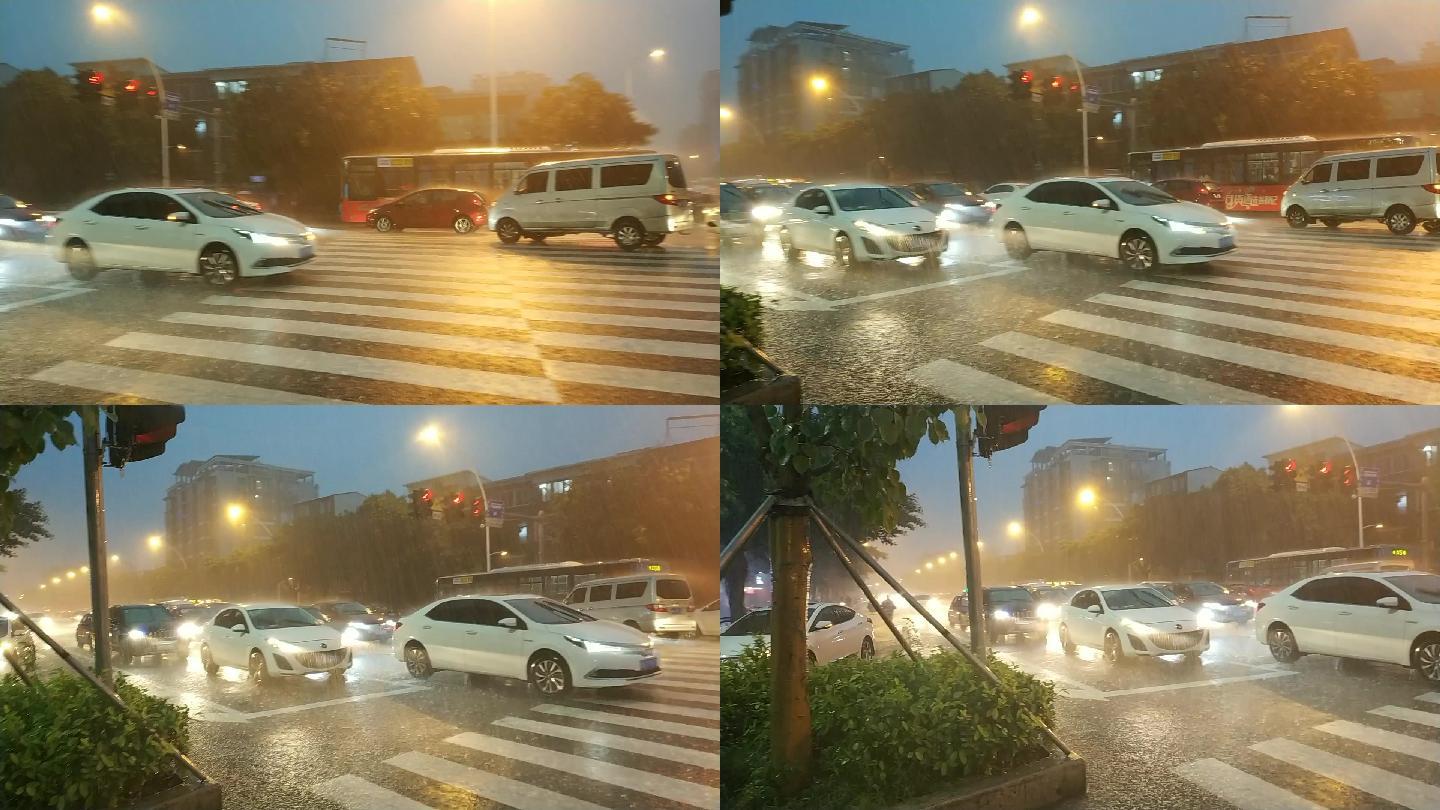 城市暴雨下的十字路口