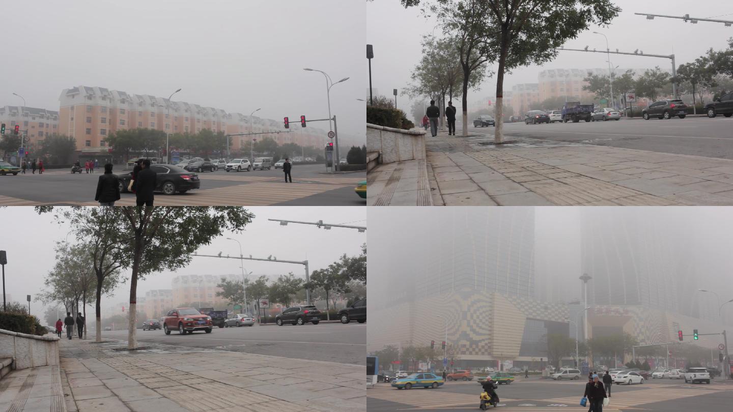 清晨城市街道起雾了