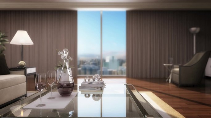 3D动画-室内客厅推出窗台看城市