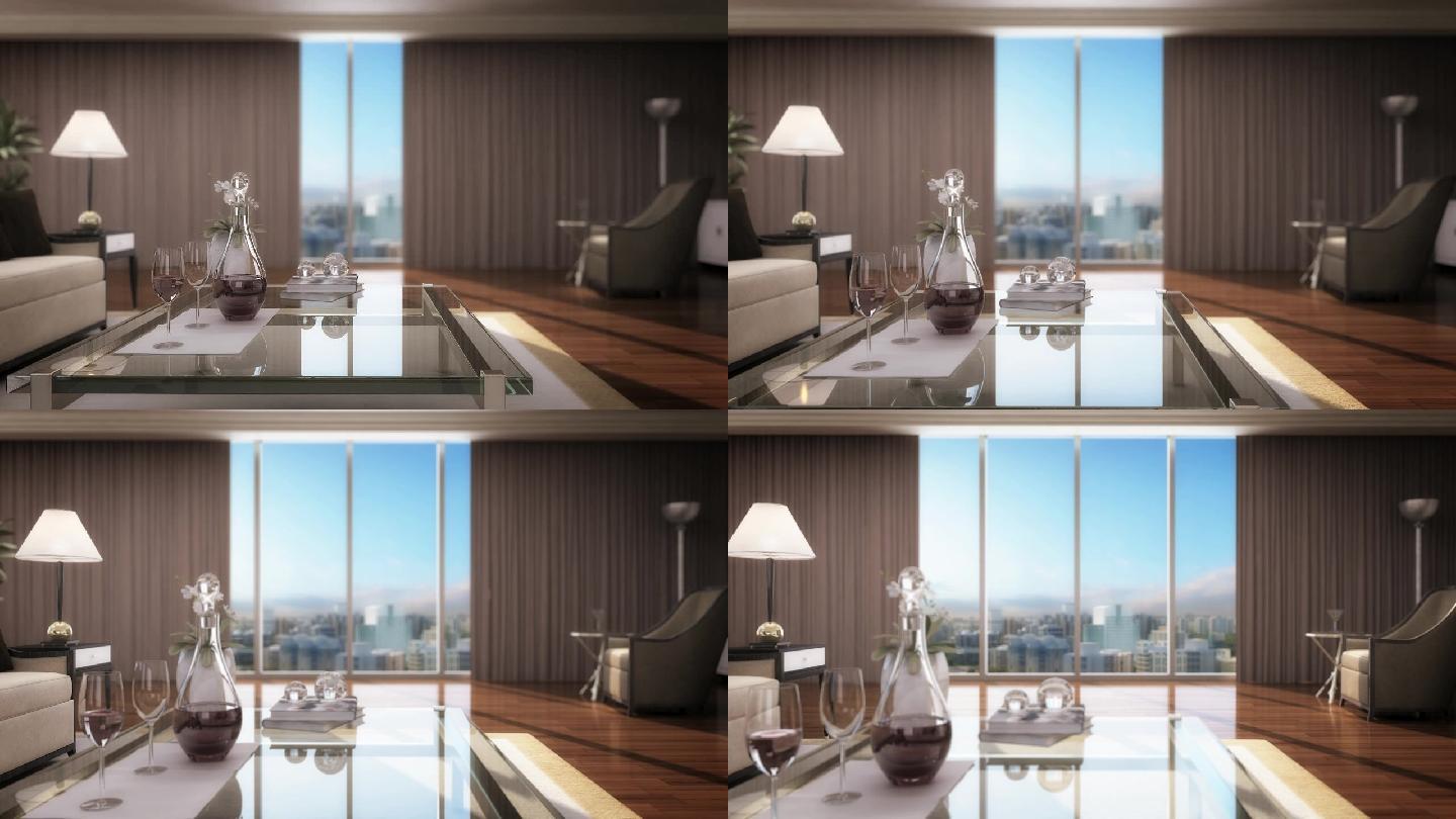 3D动画-室内客厅推出窗台看城市