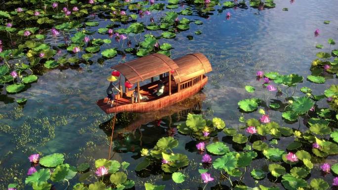 三维动画荷花池塘划船河岸游乐场视频素材