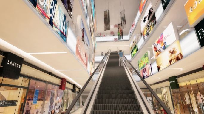 3D动画-商场购物中心商铺中庭电梯