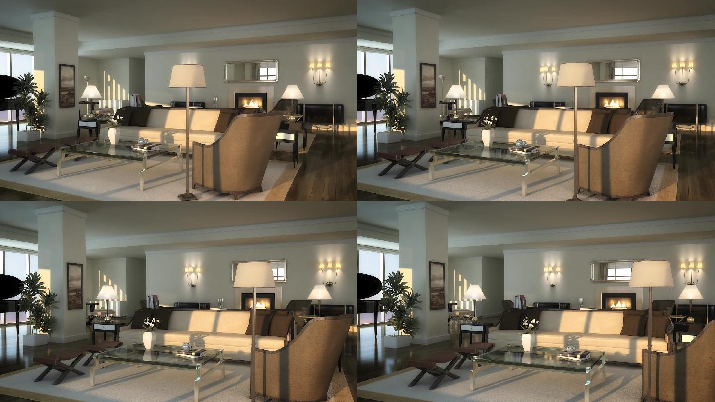 3D动画酒店公寓客厅简欧风格