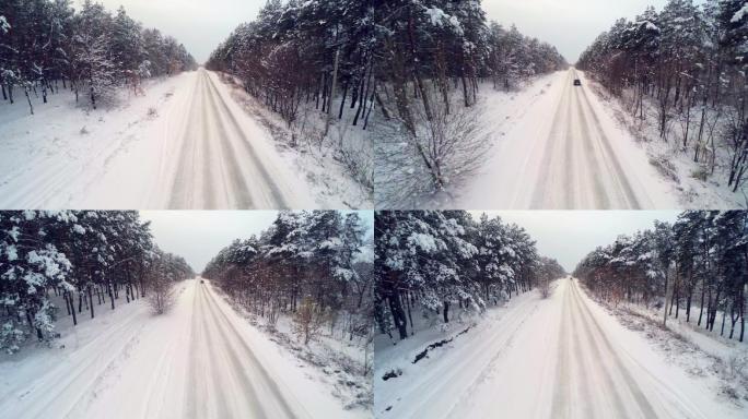 冬天雪景森林公路车跑