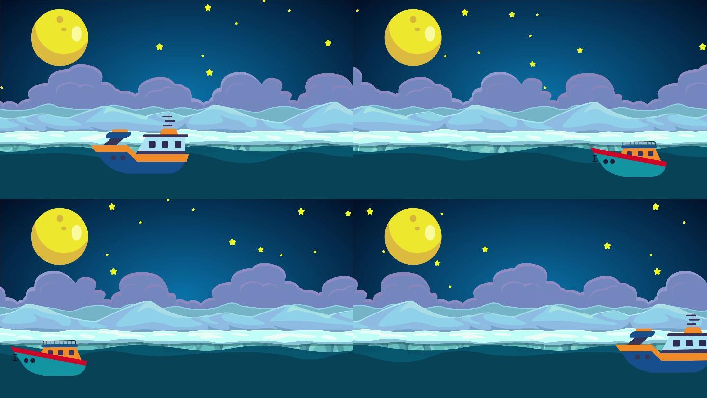 卡通夜晚船月亮背景