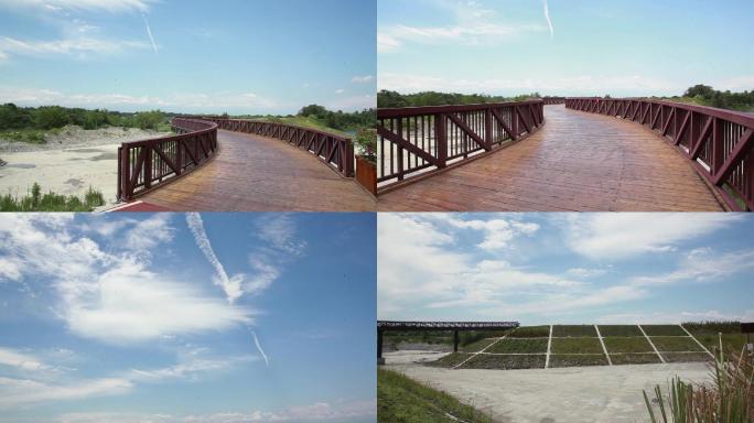 铁桥河流干涸蓝天白云