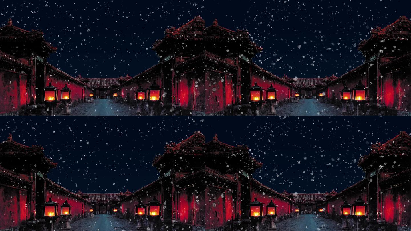 古代宫殿夜空下雪舞台背景