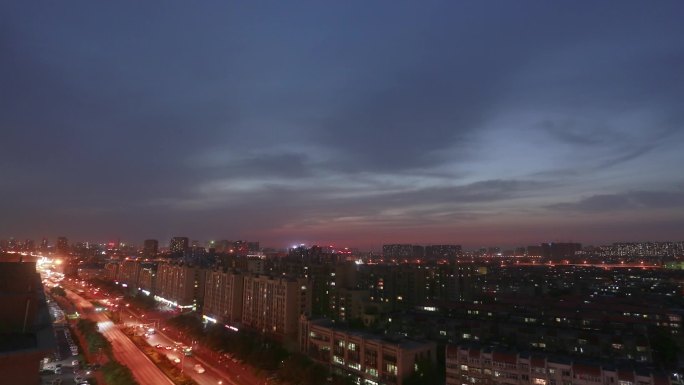 济南夜景延时拍摄黄昏车流城市大楼