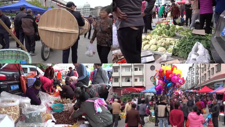 农贸市场农副产品墟天集市赶集肩挑手提熙熙