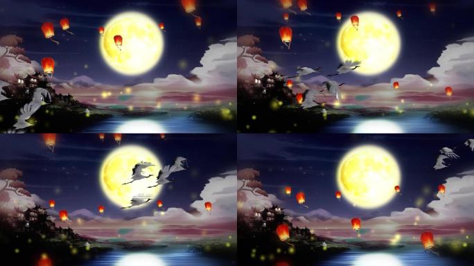 仙境月夜仙鹤飞舞循环背景视频