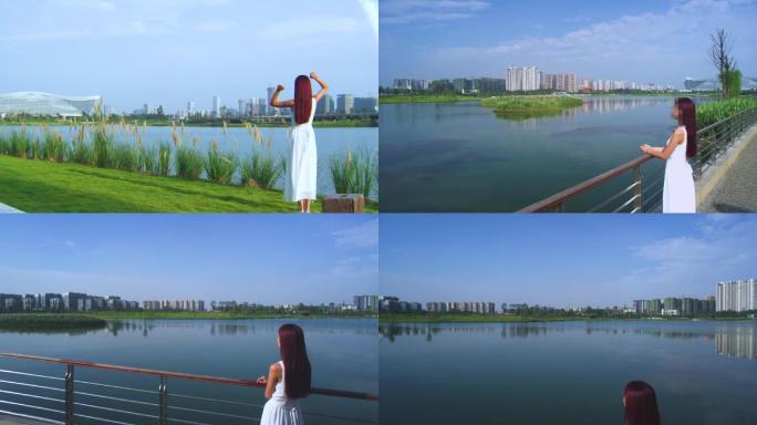 锦城湖畔美女散步视频素材