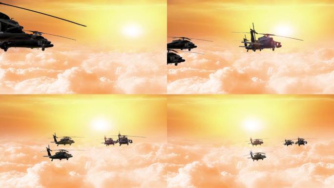 武装直升机组飞行在阳光白云仙境之中视频