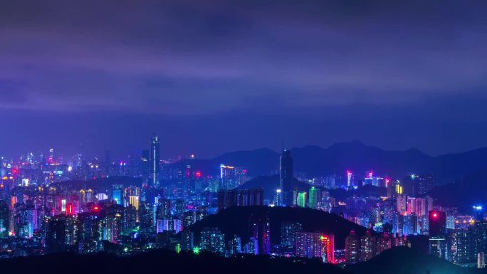 城市夜色灯光美景夜景霓虹灯高楼大厦蓝色山