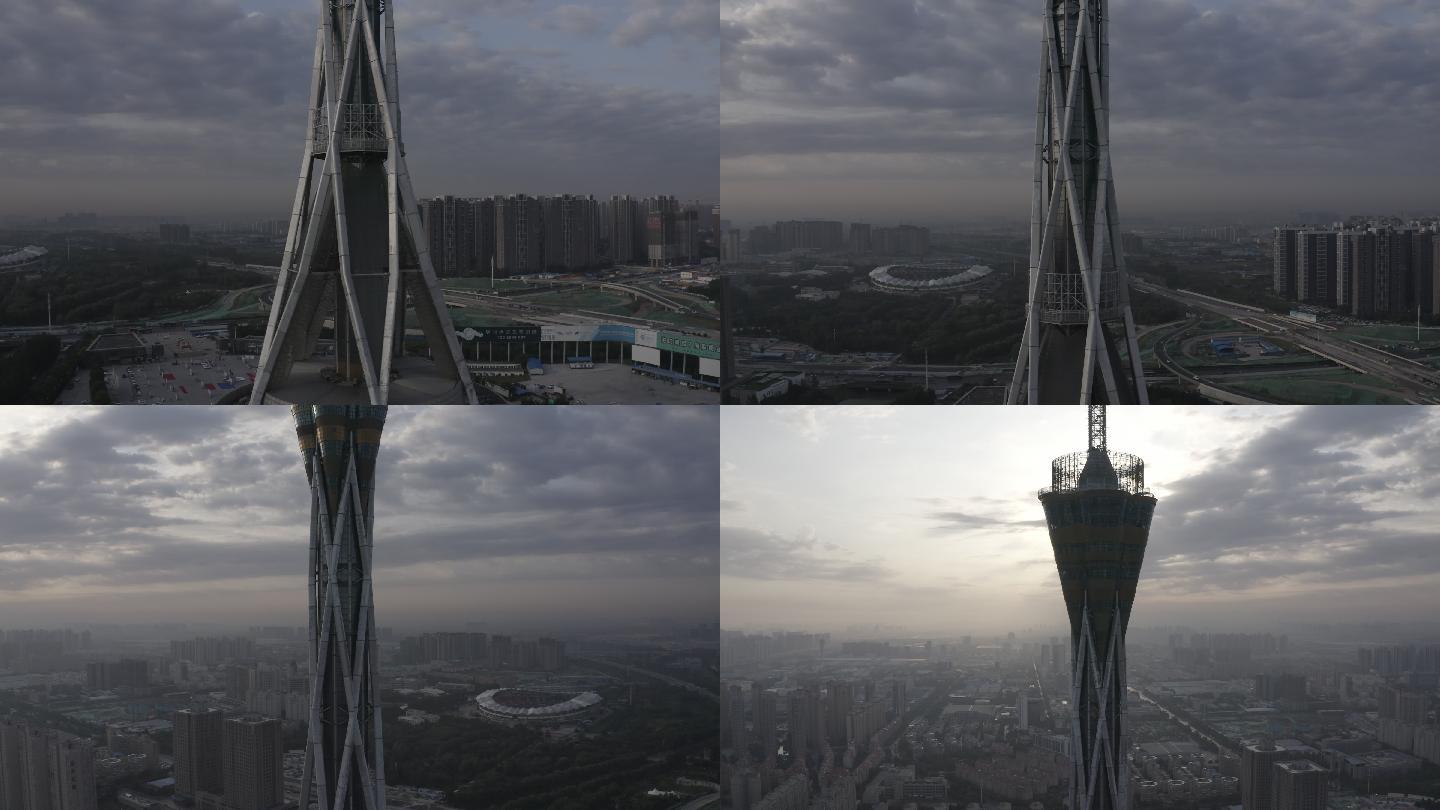 4K-log郑州电视塔中原福塔航拍近景