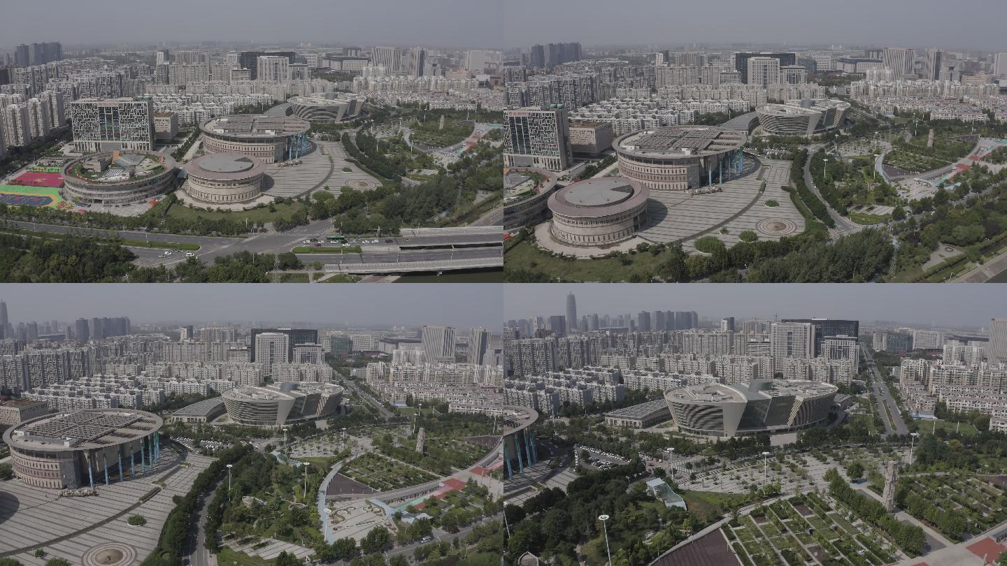 4K-log郑州图书馆建筑群航拍城市大景