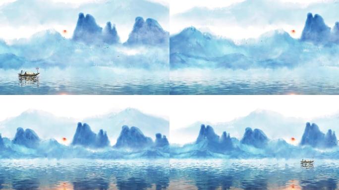 4K中国风蓝色水墨山水雾小船视频素材