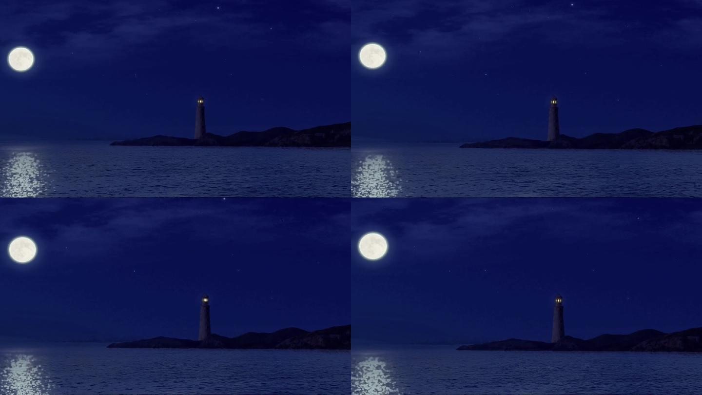夜晚月亮灯塔大海