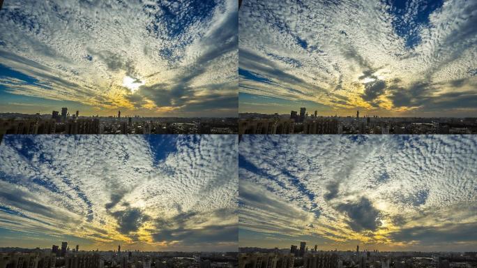 济雨过天晴后城市天空的云彩落日的云霞4K