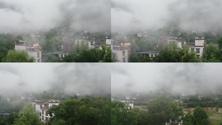 早晨雾气中的丹巴藏寨藏族羌族居民楼