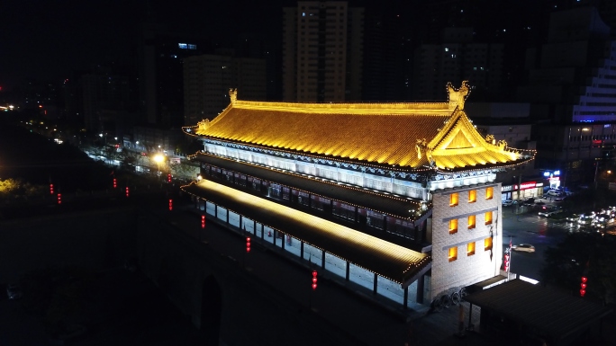 航拍十三朝古都西安长乐门夜景-西安夜景