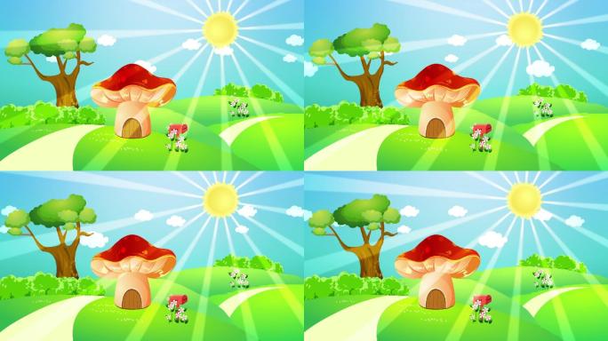 卡通背景阳光蘑菇屋循环