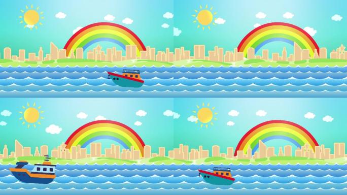 卡通海洋轮船城市彩虹背景循环