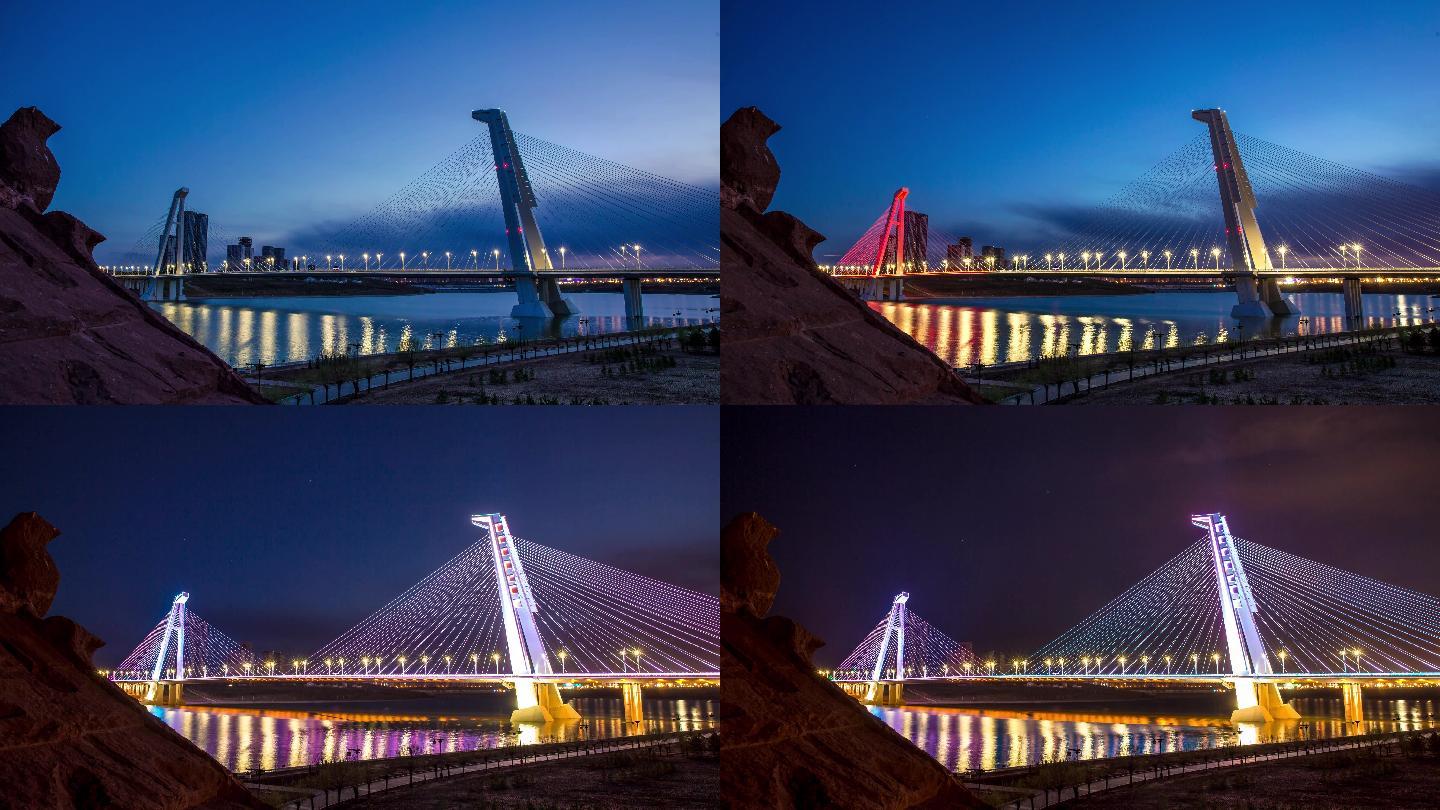 大桥斜拉索桥夜晚延时摄影