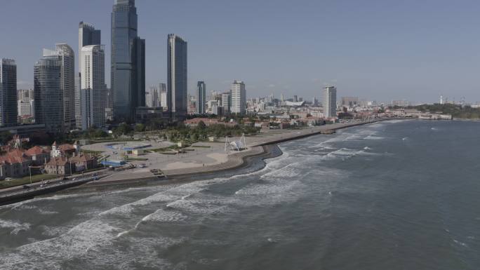 4K-log烟台滨海景区航拍城市大景