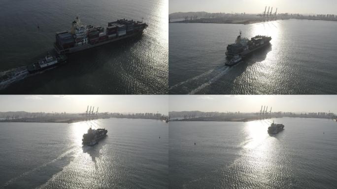 4K-log大型货船进港航拍烟台港