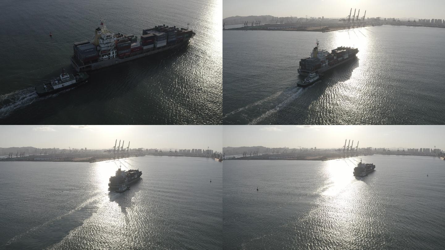 4K-log大型货船进港航拍烟台港