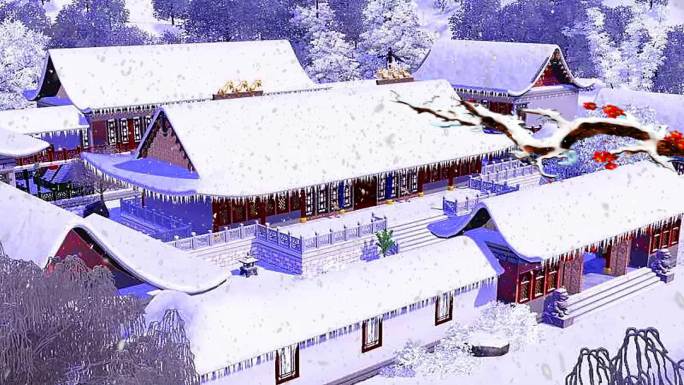 古代庭院皇城宫殿下雪雪景