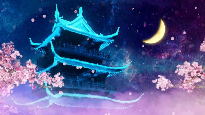 中国风舞美背景超宽屏古建筑月亮花瓣粒子