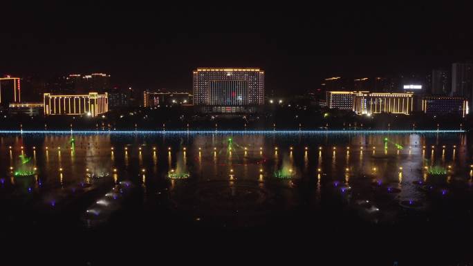 4K-log洛阳市政府前音乐喷泉夜景航拍