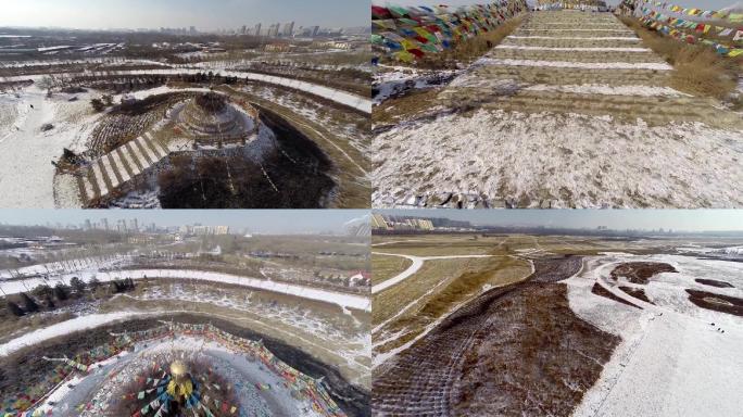 内蒙古下雪敖包航拍城市