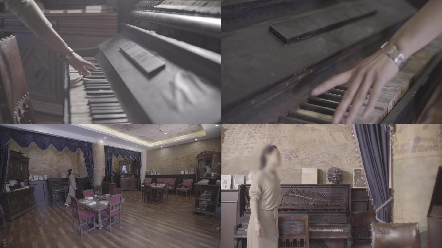优雅女士抚摸复古钢琴追寻记忆