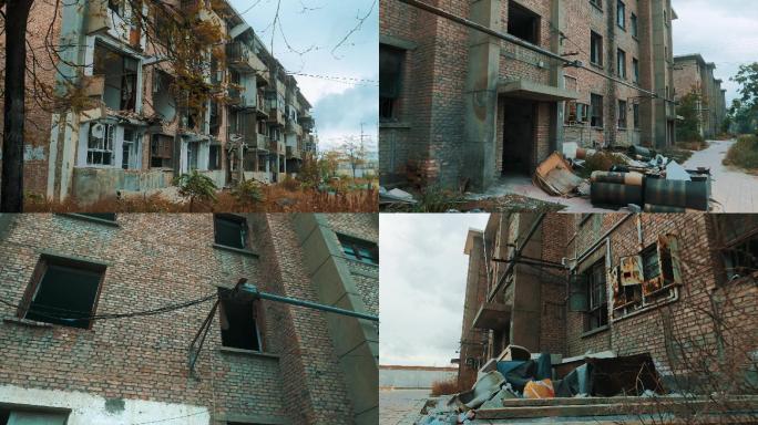 轨道拍摄快拆迁的老旧小区废墟