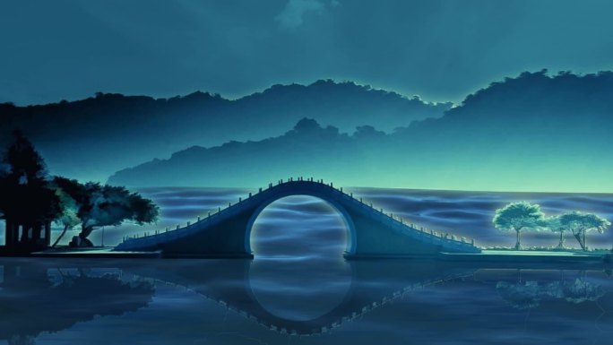 小桥流水夜晚湖面断桥背景
