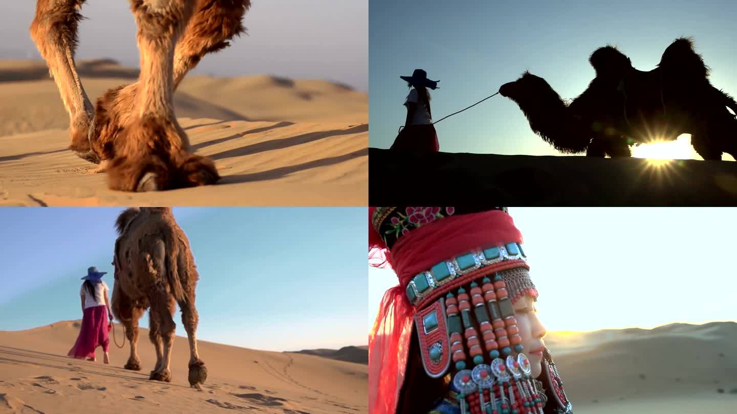 沙漠骆驼美女蒙古服饰夕阳预览