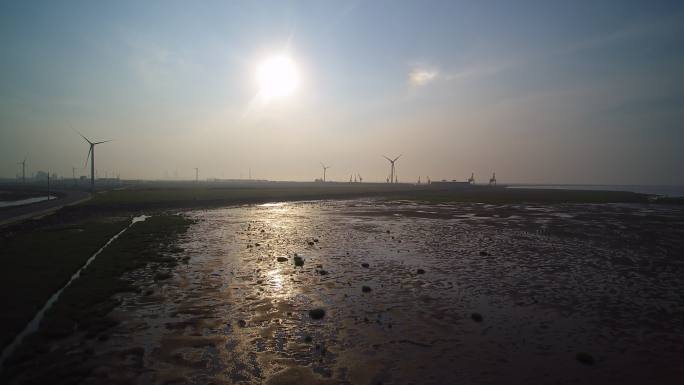 湿地风力发电航拍 滩涂 海岸线