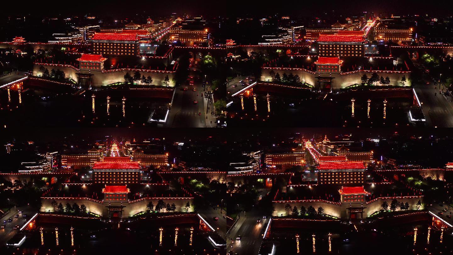 4K西安南门永宁门瓮城城墙夜景航拍视频